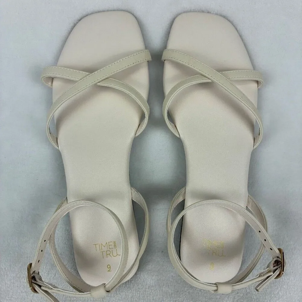 Time and Tru Womens Size 9 Cream Strappy Flat Sandals Ankle Strap Square